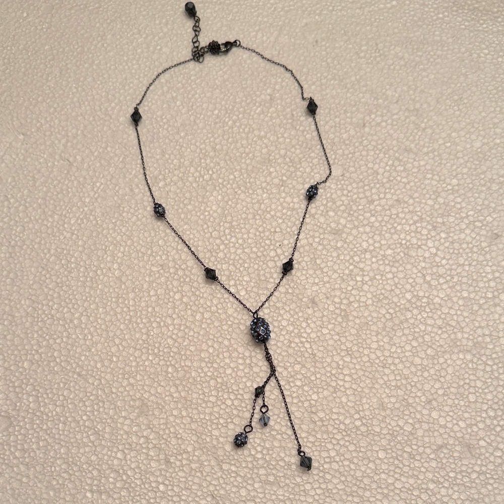 Delicate Black Lariat Necklace with Blue stones Beaded Accents